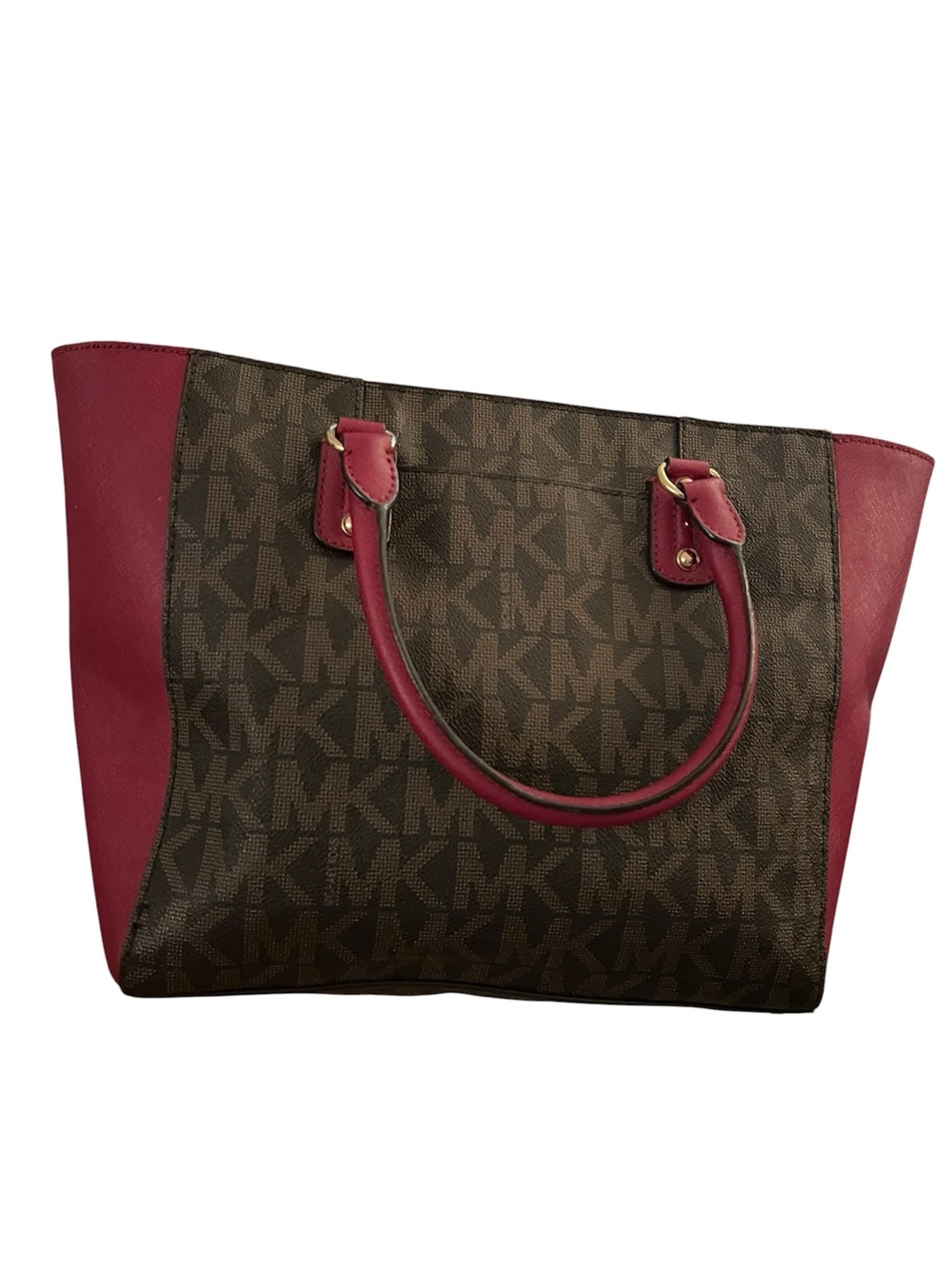 Michael Kors signature monogram tote bag w/ brown MK logo body & burgundy Sides - Picture 3 of 3